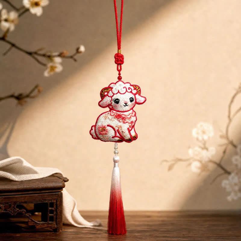 Buddha Stones Fabric Embroidery Goat Cute Car Hanging Decoration - Red - image 4