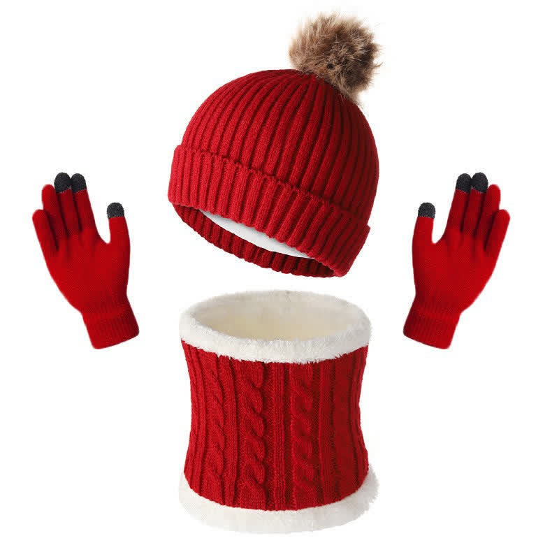 Buddha Stones Fall Winter Ribbed Knit Pom Pom Cozy Women's Scarf Hat Gloves - Red - image 10