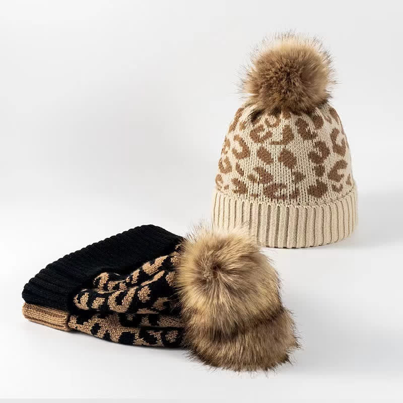 Buddha Stones Fall Winter Leopard Pattern Pom Pom Ribbed Knit Women's Hat - image 3
