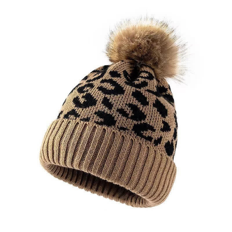 Buddha Stones Fall Winter Leopard Pattern Pom Pom Ribbed Knit Women's Hat - Tan - image 1