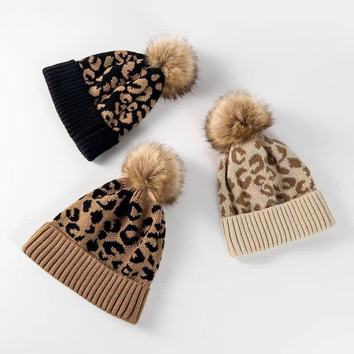 Buddha Stones Fall Winter Leopard Pattern Pom Pom Ribbed Knit Women's Hat - image 4