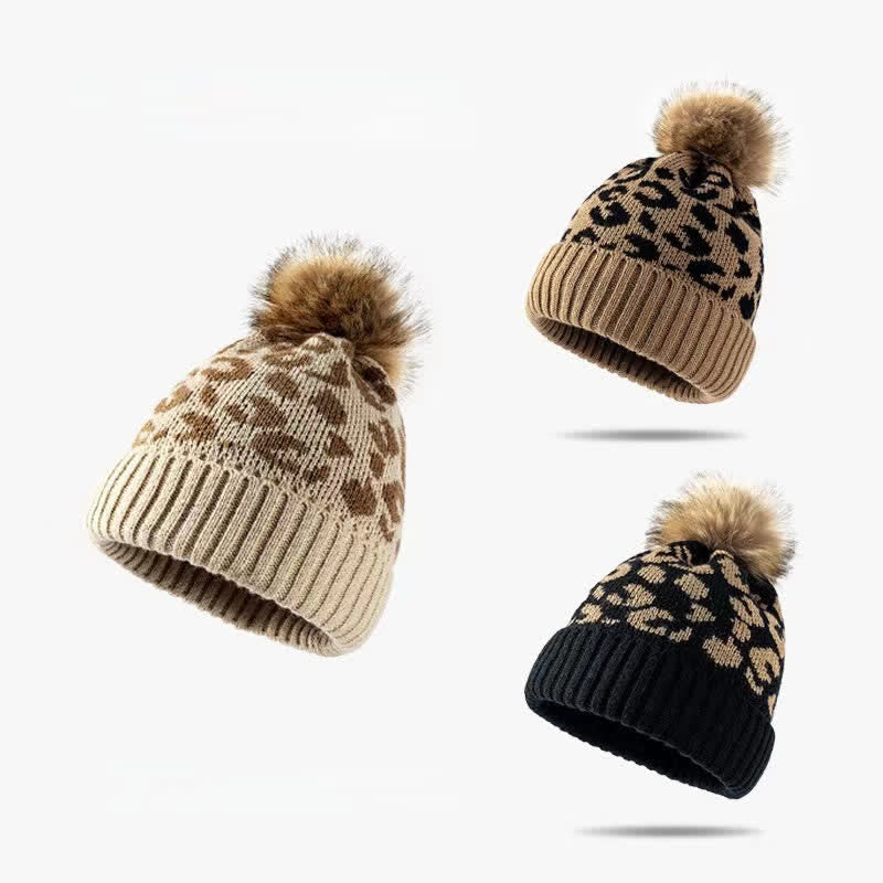 Buddha Stones Fall Winter Leopard Pattern Pom Pom Ribbed Knit Women's Hat - image 6