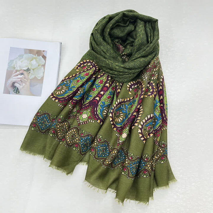 Buddha Stones Spring Fall Ethnic Floral Leaf Print Women's Scarf - DarkOliveGreen - image 5