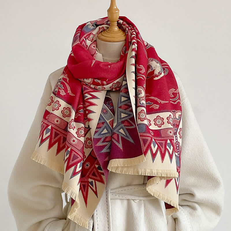 Buddha Stones Fall Winter Neutral Tone Retro Print Fringe Women's Scarf - Crimson - image 6