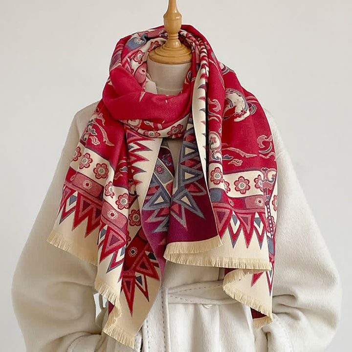 Buddha Stones Fall Winter Neutral Tone Retro Print Fringe Women's Scarf - Crimson - image 6