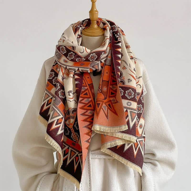 Buddha Stones Fall Winter Neutral Tone Retro Print Fringe Women's Scarf - Sienna - image 2