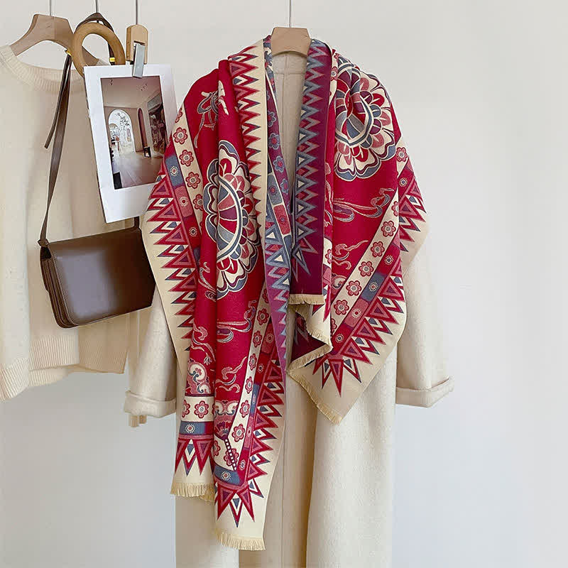 Buddha Stones Fall Winter Neutral Tone Retro Print Fringe Women's Scarf - image 7