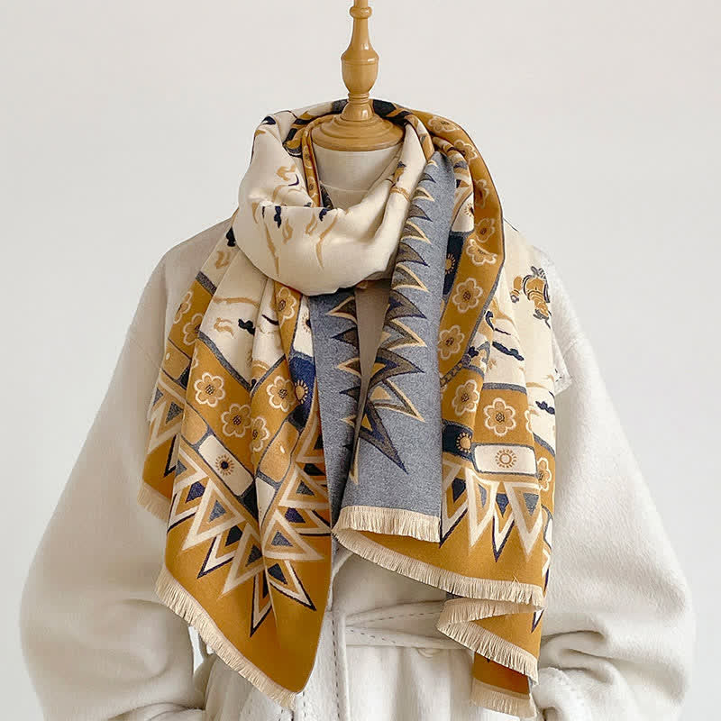 Buddha Stones Fall Winter Neutral Tone Retro Print Fringe Women's Scarf - Peru - image 4
