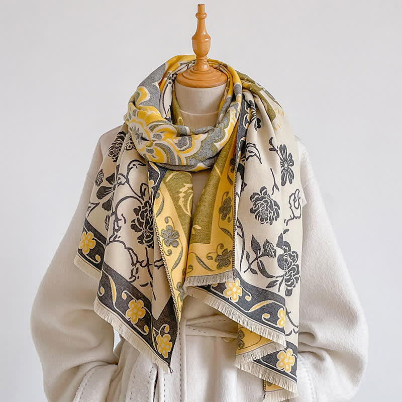 Buddha Stones Fall Winter Vintage Floral Tassel Shawl Style Women's Scarf - Gold - image 4