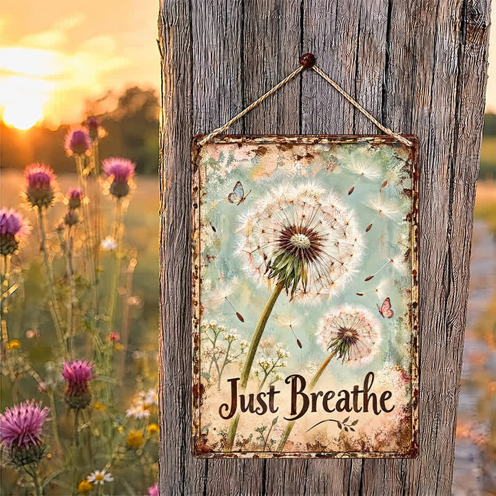 Buddha Stones "Just Breathe" Dandelion Rustic Design Hanging Metal Iron Meaningful Symbols Wall Art - image 1