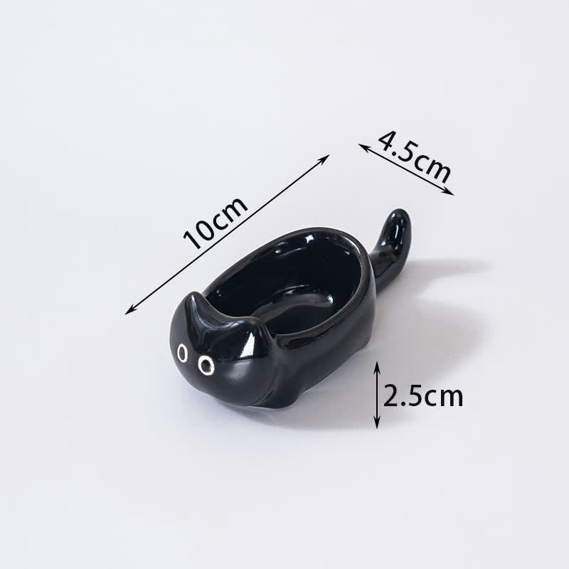 Buddha Stones Hand-Painted Cute Cat Ceramic Sauce Dish Chopstick Holder - Short Black - image 13