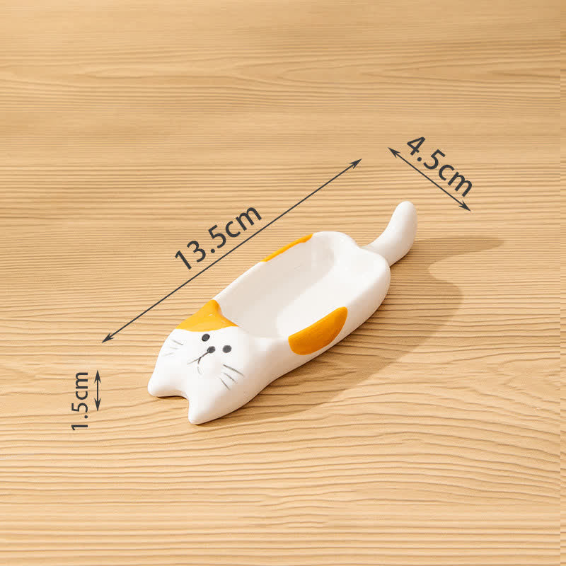 Buddha Stones Hand-Painted Cute Cat Ceramic Sauce Dish Chopstick Holder - Long Orange Spots White - image 1