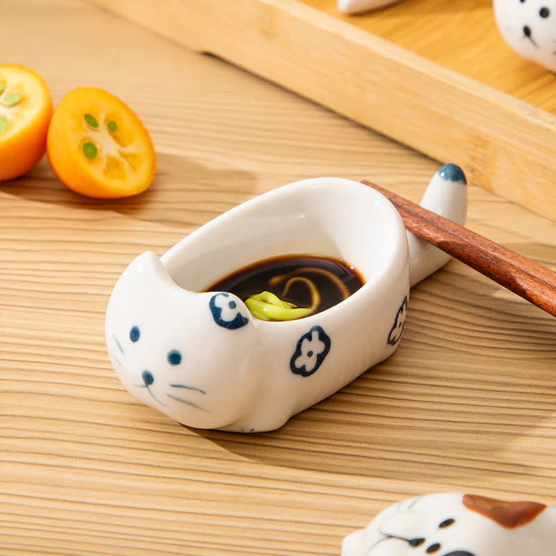 Buddha Stones Hand-Painted Cute Cat Ceramic Sauce Dish Chopstick Holder - image 5