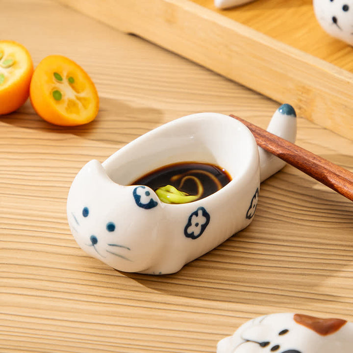 Buddha Stones Hand-Painted Cute Cat Ceramic Sauce Dish Chopstick Holder - image 5