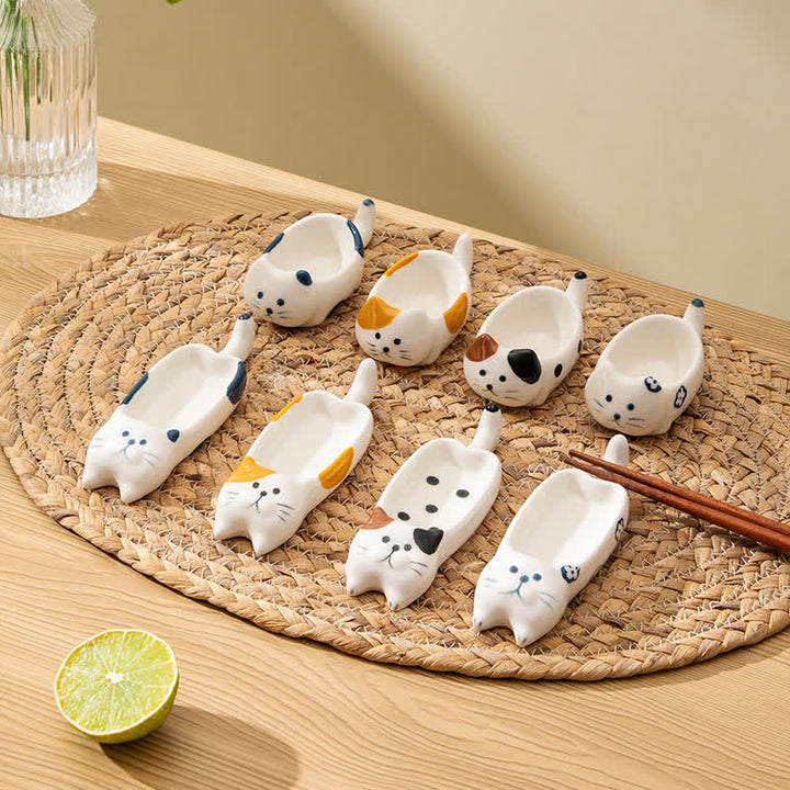 Buddha Stones Hand-Painted Cute Cat Ceramic Sauce Dish Chopstick Holder - image 18
