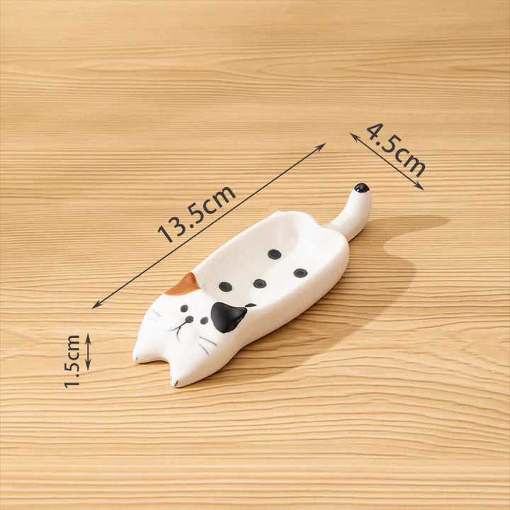 Buddha Stones Hand-Painted Cute Cat Ceramic Sauce Dish Chopstick Holder - Long Black Spots White - image 6