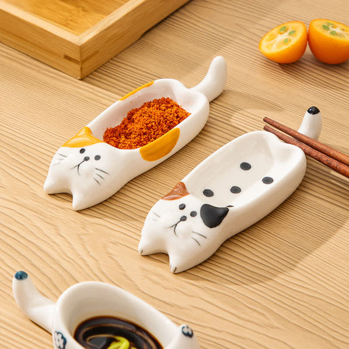 Buddha Stones Hand-Painted Cute Cat Ceramic Sauce Dish Chopstick Holder - image 0