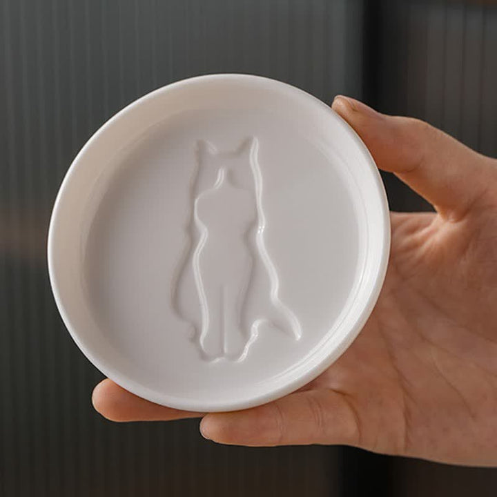 Buddha Stones White Ceramic Cat Silhouette Elegant Round Sauce Dish - image 3
