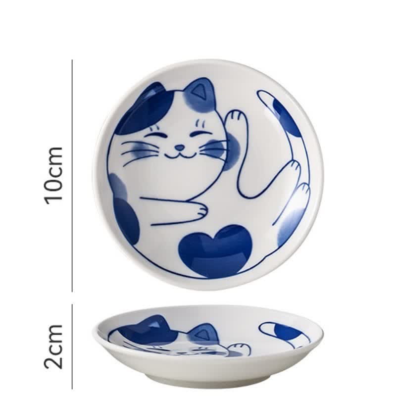 Buddha Stones Cute Cat Round Ceramic Shallow Dish Japanese Style Sauce Dish - Heart-Shaped Pattern - image 6