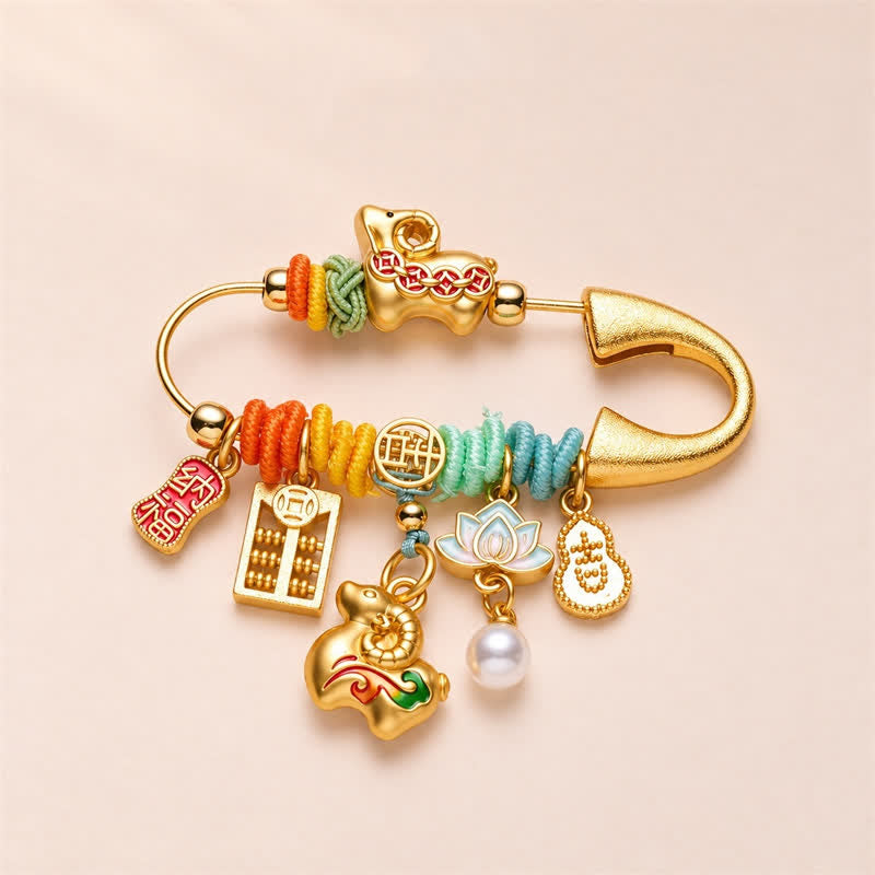 Buddha Stones Year of the Goat Copper Ram Fu Character Lucky Fortune Brooch - Coins Attracting Wealth - image 1