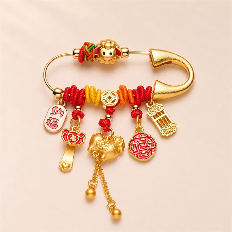 Buddha Stones Year of the Goat Copper Ram Fu Character Lucky Fortune Brooch - Lucky Fortune - image 0
