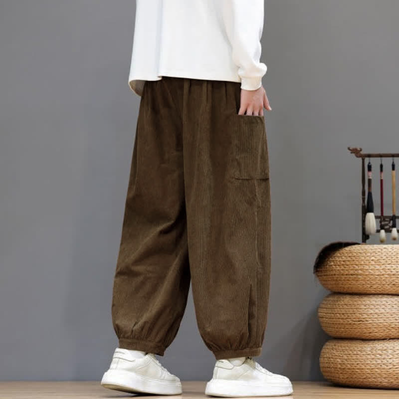 Buddha Stones Fall Winter Casual Drawstring Solid Corduroy Cropped Pants Men's Harem Pants With Pockets - image 4