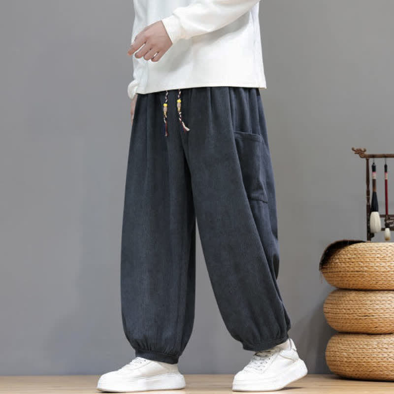 Buddha Stones Fall Winter Casual Drawstring Solid Corduroy Cropped Pants Men's Harem Pants With Pockets - image 16
