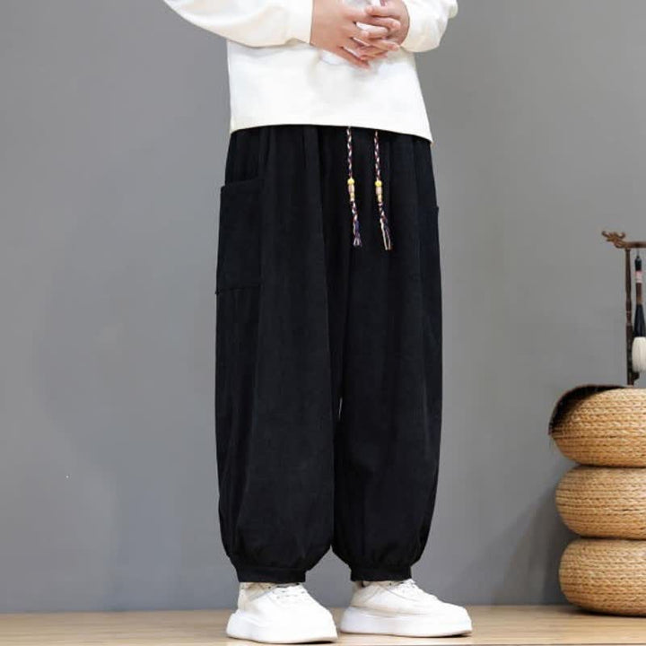 Buddha Stones Fall Winter Casual Drawstring Solid Corduroy Cropped Pants Men's Harem Pants With Pockets - image 21