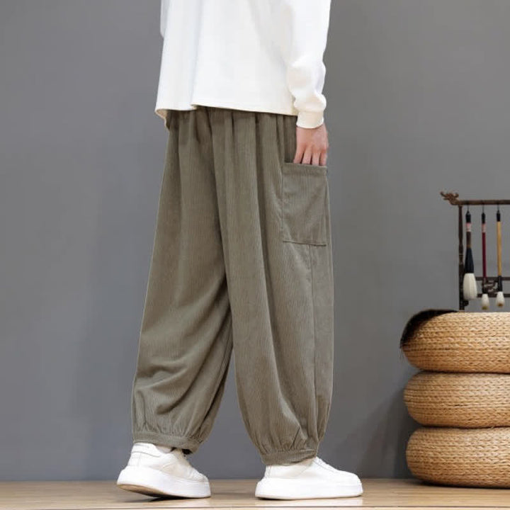 Buddha Stones Fall Winter Casual Drawstring Solid Corduroy Cropped Pants Men's Harem Pants With Pockets - image 32