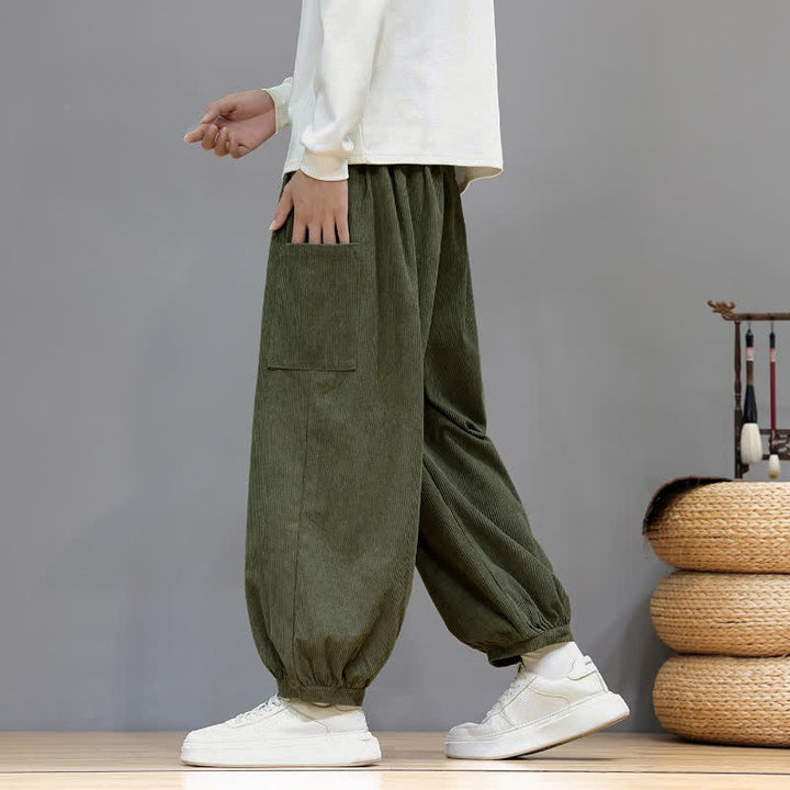 Buddha Stones Fall Winter Casual Drawstring Solid Corduroy Cropped Pants Men's Harem Pants With Pockets - image 39