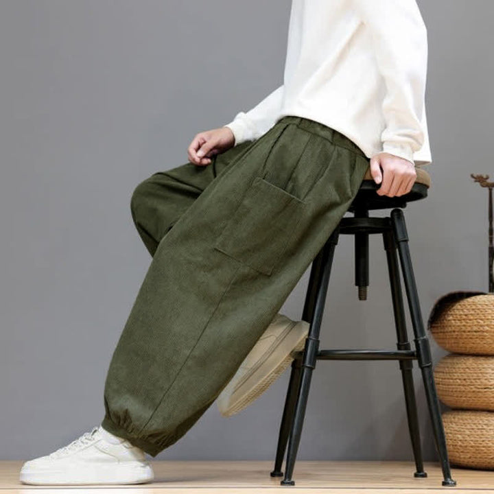 Buddha Stones Fall Winter Casual Drawstring Solid Corduroy Cropped Pants Men's Harem Pants With Pockets - image 43