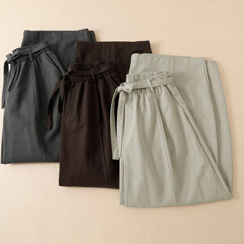 Buddha Stones Spring Fall Casual Minimalist Lace-up Solid Ankle Pants Women's Wide Leg Pants With Pockets - image 19