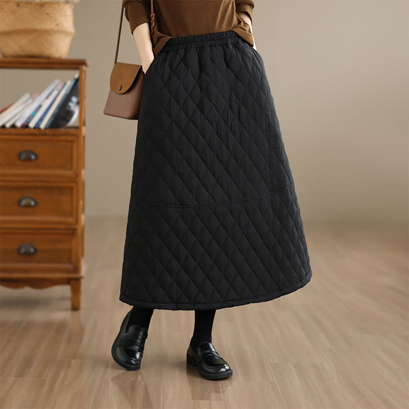 Buddha Stones Fall Winter Casual Vintage Design Quilted Solid Women's Skirt With Pockets - image 13