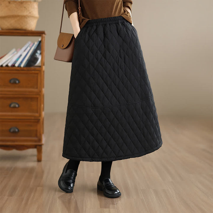 Buddha Stones Fall Winter Casual Vintage Design Quilted Solid Women's Skirt With Pockets - image 13