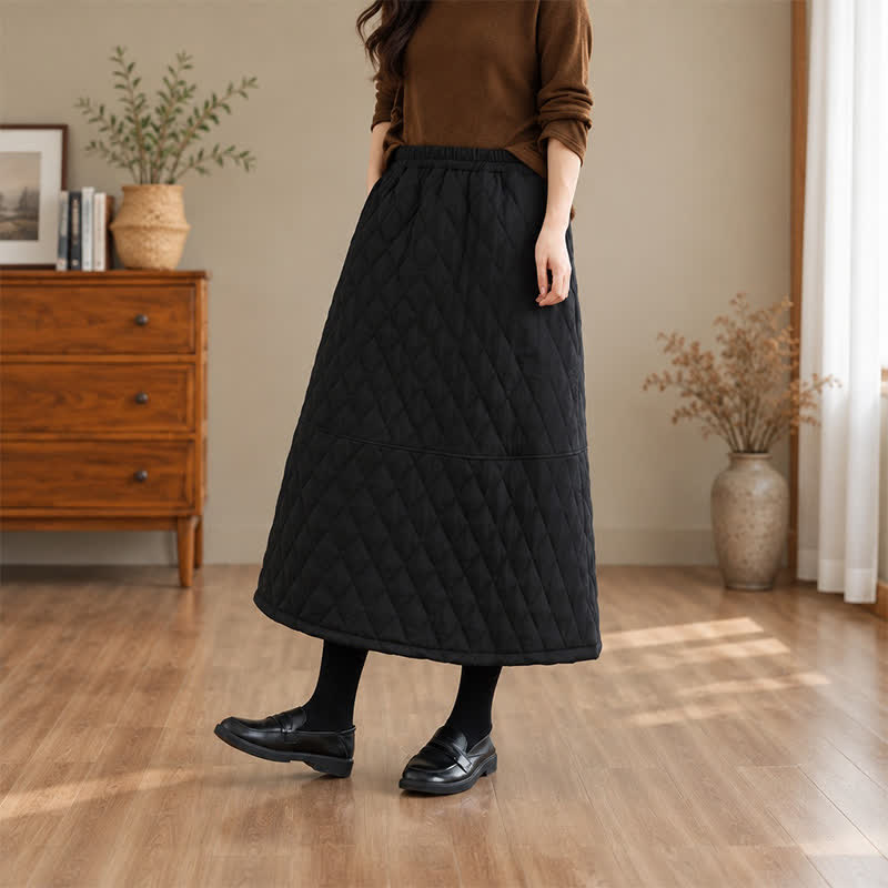 Buddha Stones Fall Winter Casual Vintage Design Quilted Solid Women's Skirt With Pockets - image 14