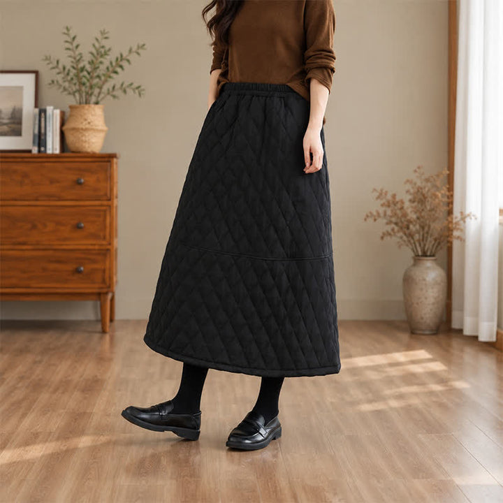 Buddha Stones Fall Winter Casual Vintage Design Quilted Solid Women's Skirt With Pockets - image 14
