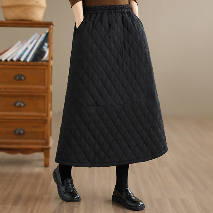 Buddha Stones Fall Winter Casual Vintage Design Quilted Solid Women's Skirt With Pockets - Black - US12，UK/AU16，EU44 (3XL) - image 10