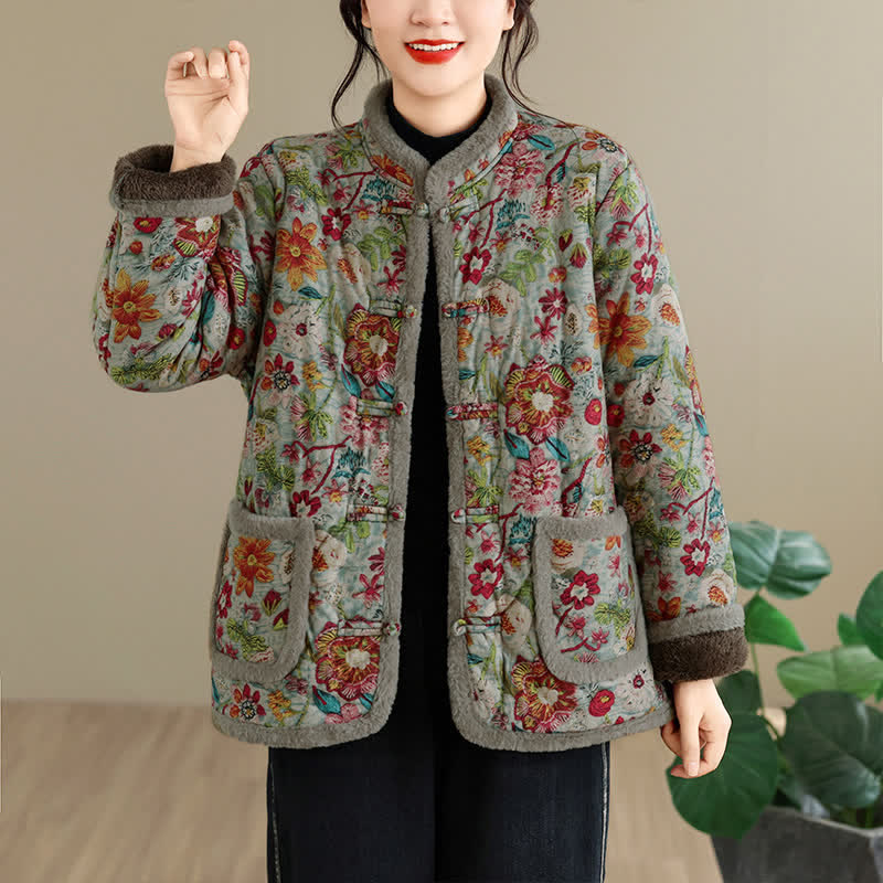 Buddha Stones Winter Vintage Tang Style Mandarin Collar Floral Cotton Women's Jacket With Pockets - Gray - US12, UK/AU16, EU44 (3XL) - image 0