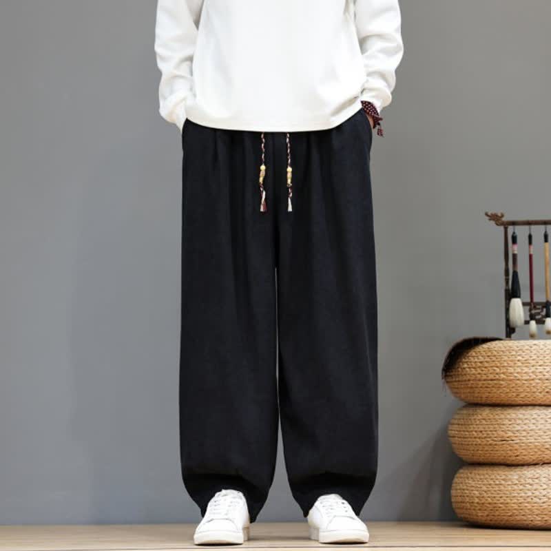 Buddha Stones Fall Winter Simple Classic Drawstring Solid Ankle Pants Corduroy Men's Straight Leg Pants With Pockets - Black - US/UK/AU48, EU58 (6XL) - image 12