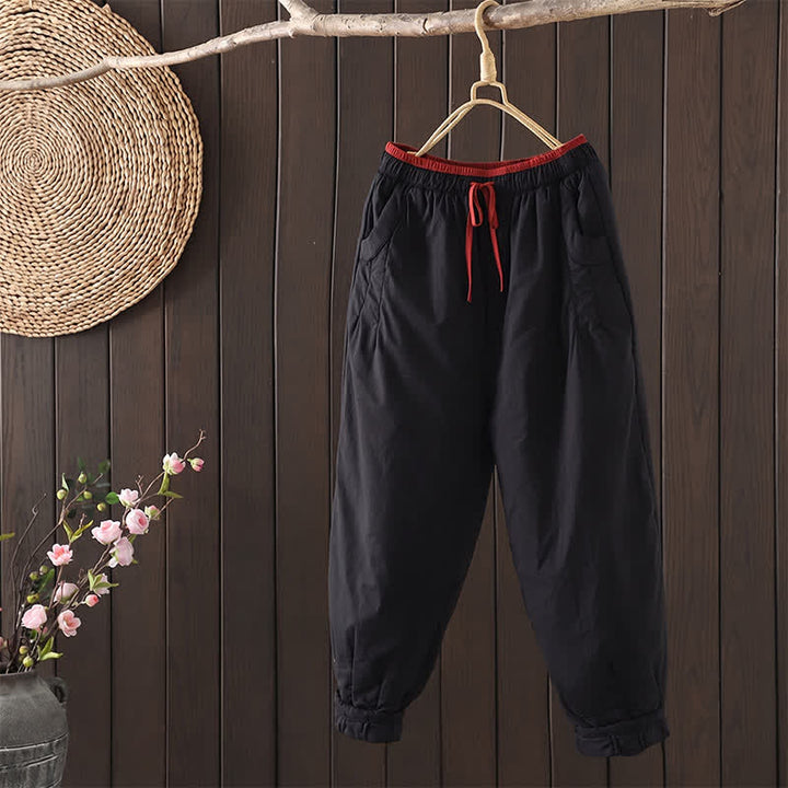 Buddha Stones Fall Winter Casual Elastic Waist Drawstring Solid Cropped Pants Women's Tapered Pants With Pockets - Black - US12, UK/AU16, EU44 (3XL) - image 7