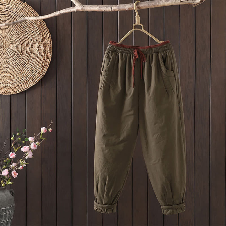 Buddha Stones Fall Winter Casual Elastic Waist Drawstring Solid Cropped Pants Women's Tapered Pants With Pockets - Tan - US12, UK/AU16, EU44 (3XL) - image 6