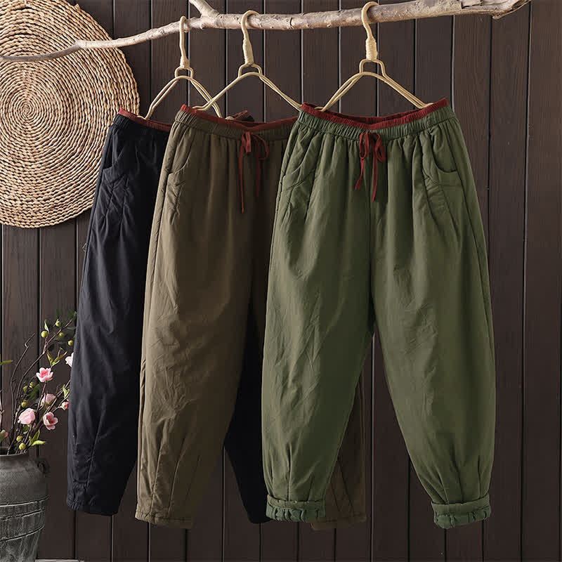 Buddha Stones Fall Winter Casual Elastic Waist Drawstring Solid Cropped Pants Women's Tapered Pants With Pockets - image 8