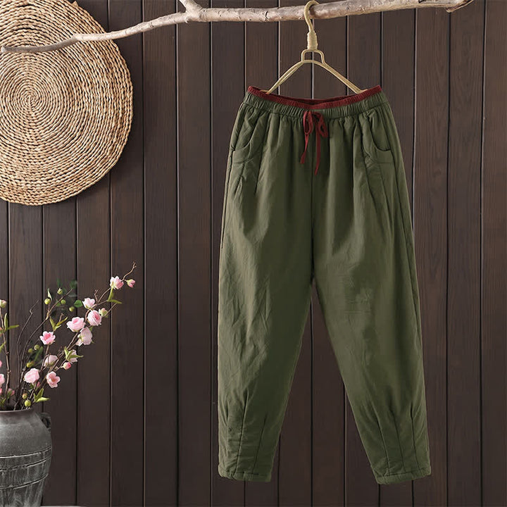 Buddha Stones Fall Winter Casual Elastic Waist Drawstring Solid Cropped Pants Women's Tapered Pants With Pockets - DarkOliveGreen - US12, UK/AU16, EU44 (3XL) - image 0