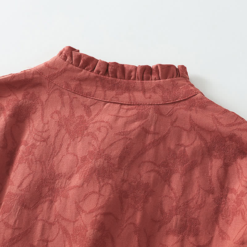 Buddha Stones Fall Tang Style Elegant Mandarin Collar Frog Button Red Women's Long Sleeve Dress With Pockets - image 3