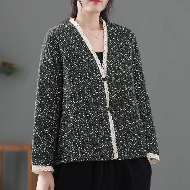 Buddha Stones Fall Winter Casual Vintage Button-Up V-Neck Dot Pattern Women's Jacket - image 9
