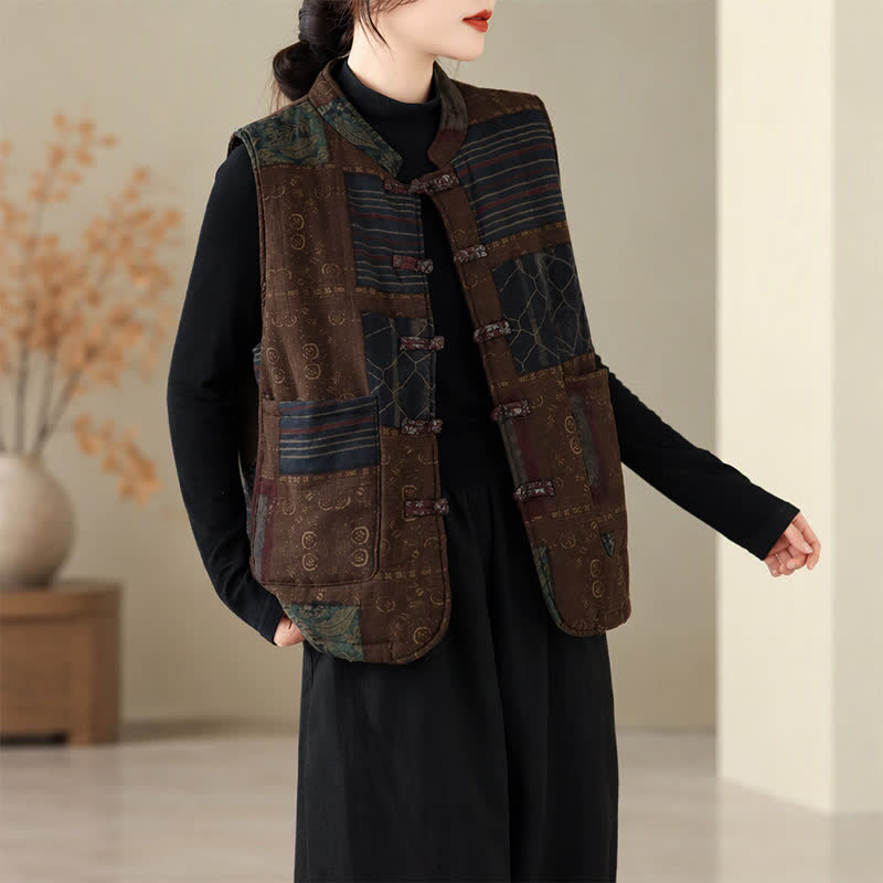 Buddha Stones Fall Winter Vintage Tang Style Mandarin Collar Patchwork Design Tank Top Women's Vest With Pockets - image 2
