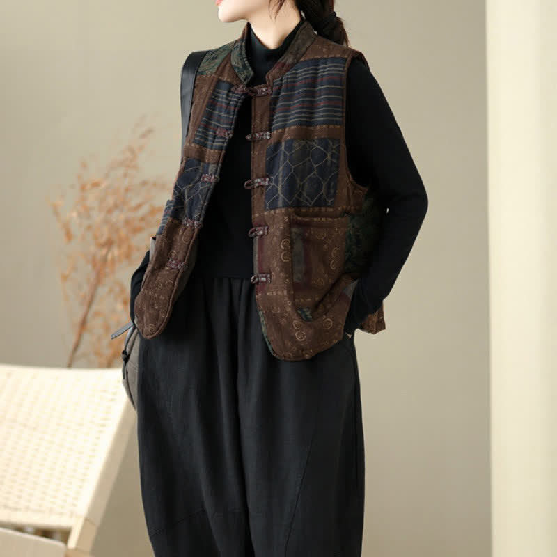 Buddha Stones Fall Winter Vintage Tang Style Mandarin Collar Patchwork Design Tank Top Women's Vest With Pockets - image 6