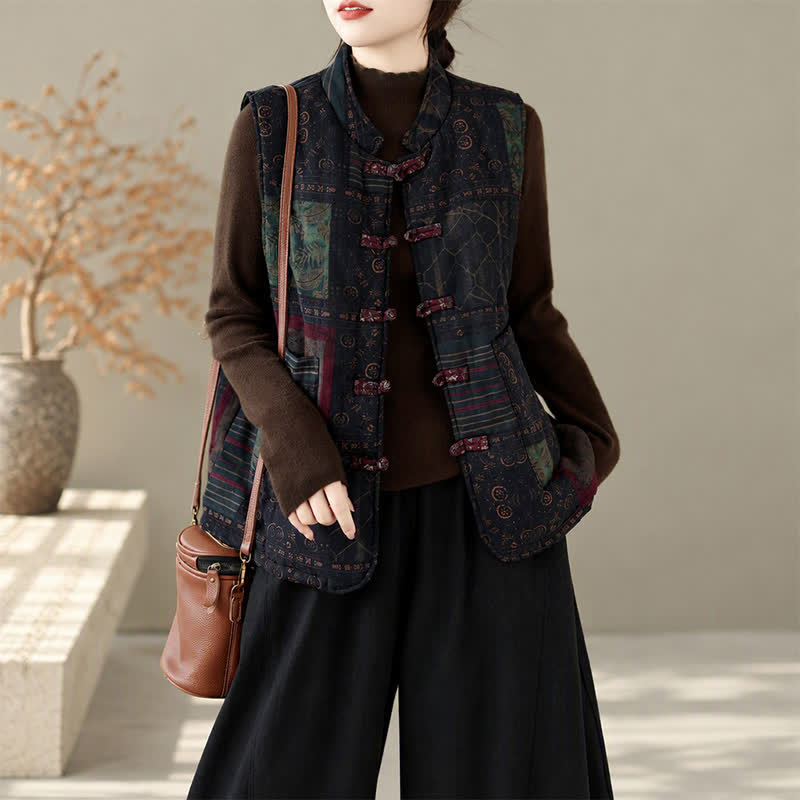 Buddha Stones Fall Winter Vintage Tang Style Mandarin Collar Patchwork Design Tank Top Women's Vest With Pockets - image 17