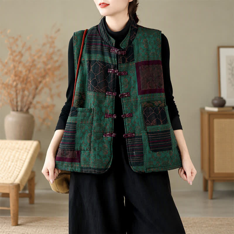 Buddha Stones Fall Winter Vintage Tang Style Mandarin Collar Patchwork Design Tank Top Women's Vest With Pockets - image 14