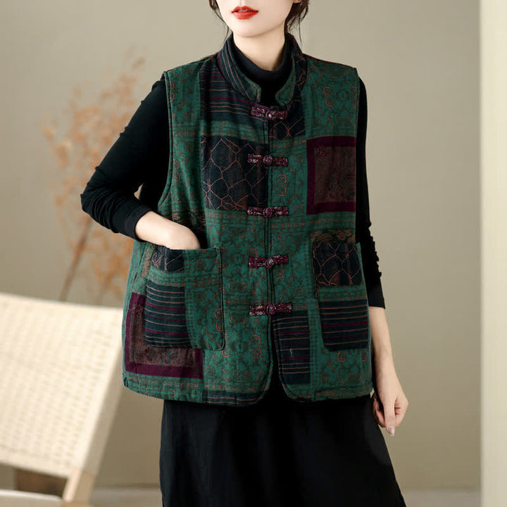 Buddha Stones Fall Winter Vintage Tang Style Mandarin Collar Patchwork Design Tank Top Women's Vest With Pockets - Teal - US8-10, UK/AU12-14, EU40-42 (XL) - image 13